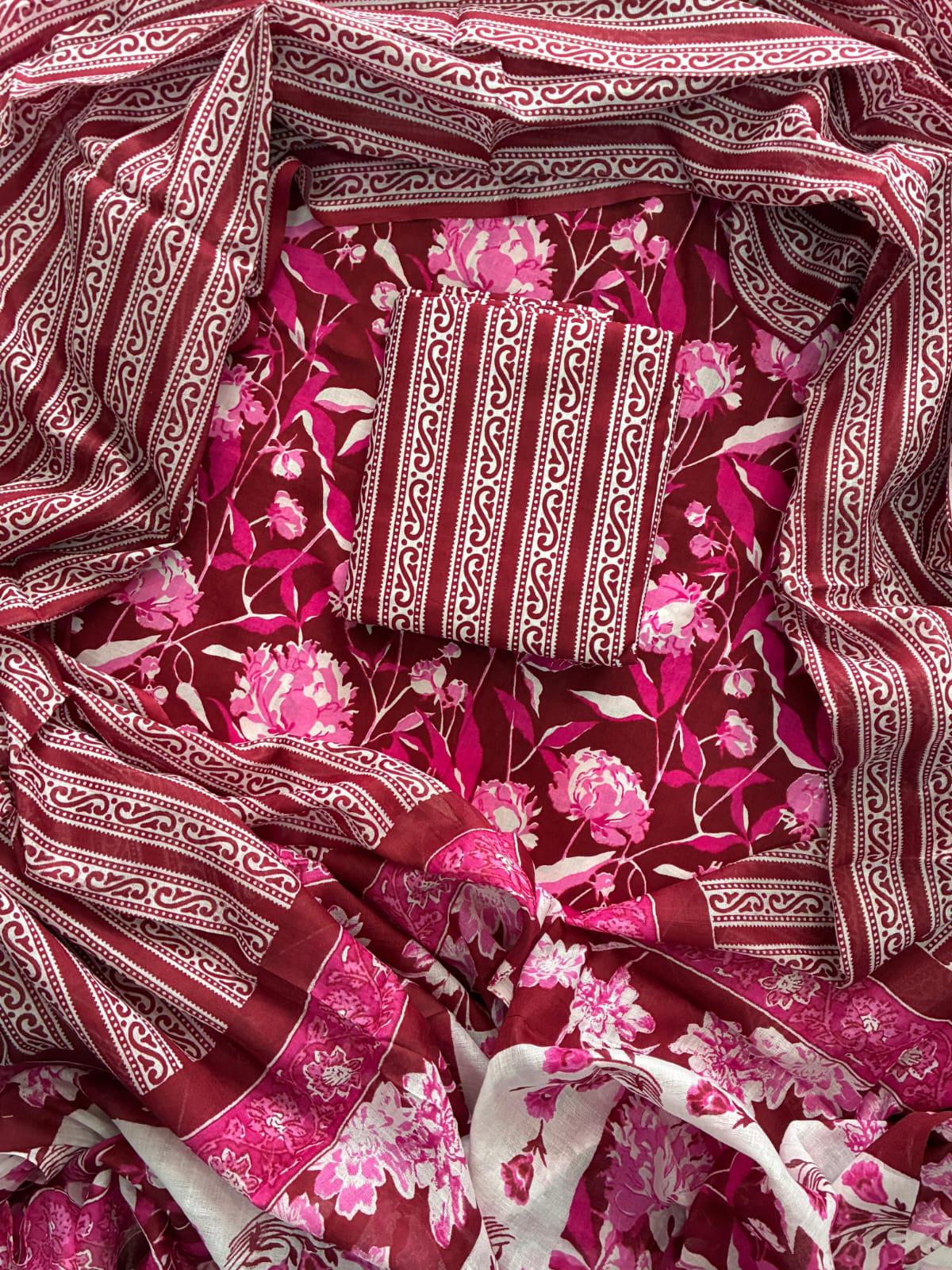 ELEGANT HAND BLOCK PRINT COTTON SUIT SET WITH MULMUL DUPATTA(WACOTMU45)