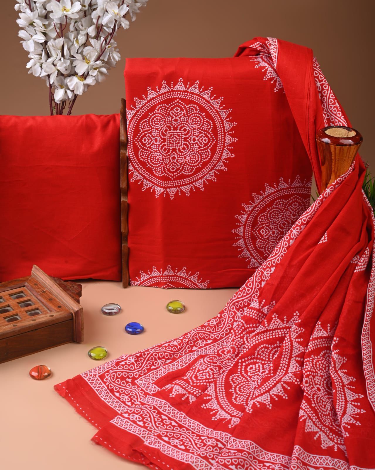 Designer Hand Block Print Cotton Suit Set with Mulmul Dupatta(WACOTMU170)