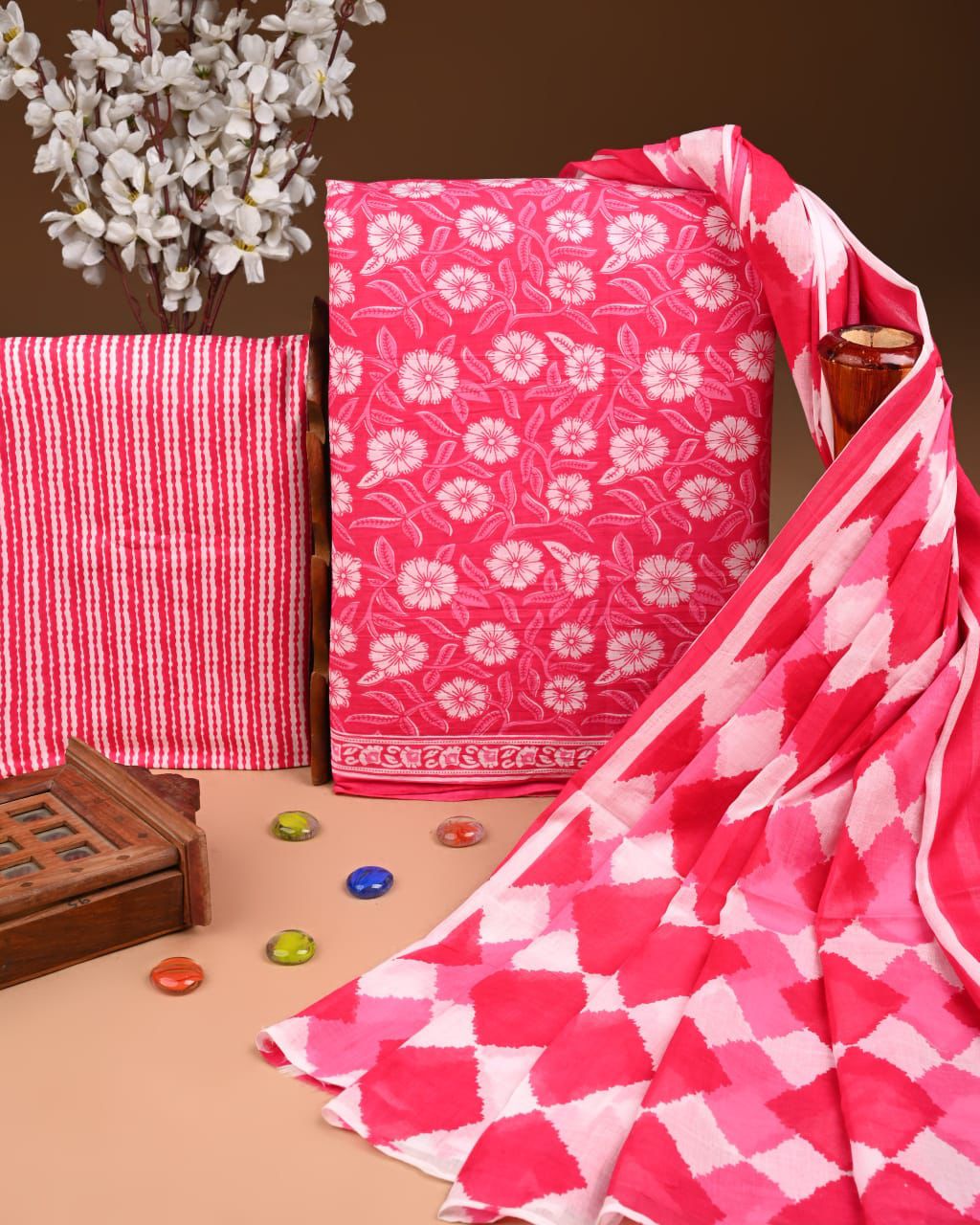 Designer Hand Block Print Cotton Suit Set with Mulmul Dupatta(WACOTMU193)
