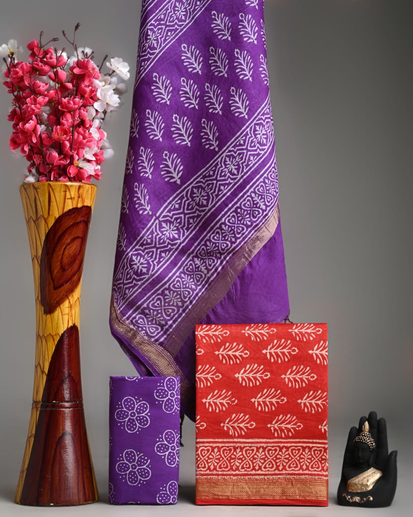 Designer Hand Block Print Maheshwari Silk Suit Set 15