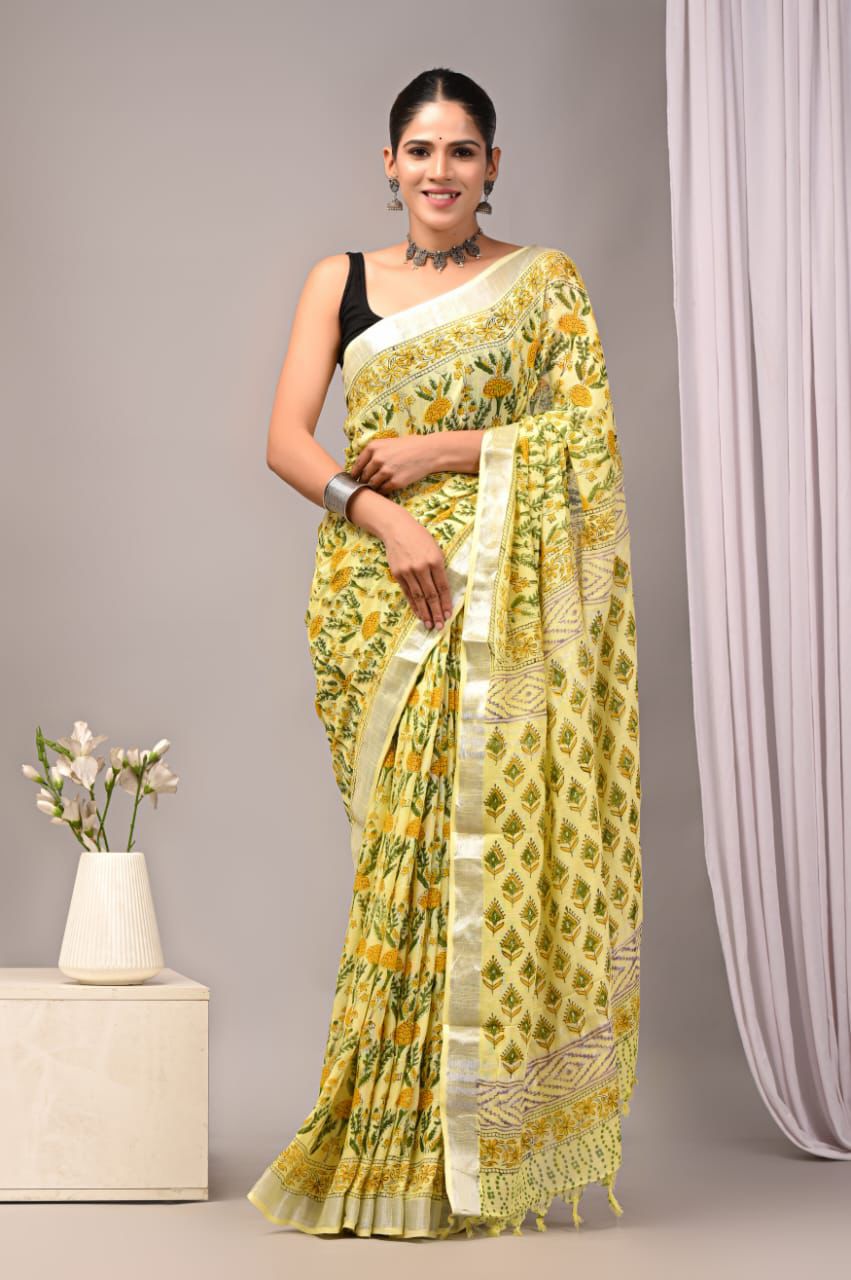 Hand Block Printed Linen Saree With Unstitched Blouse (SWSRLIL27)