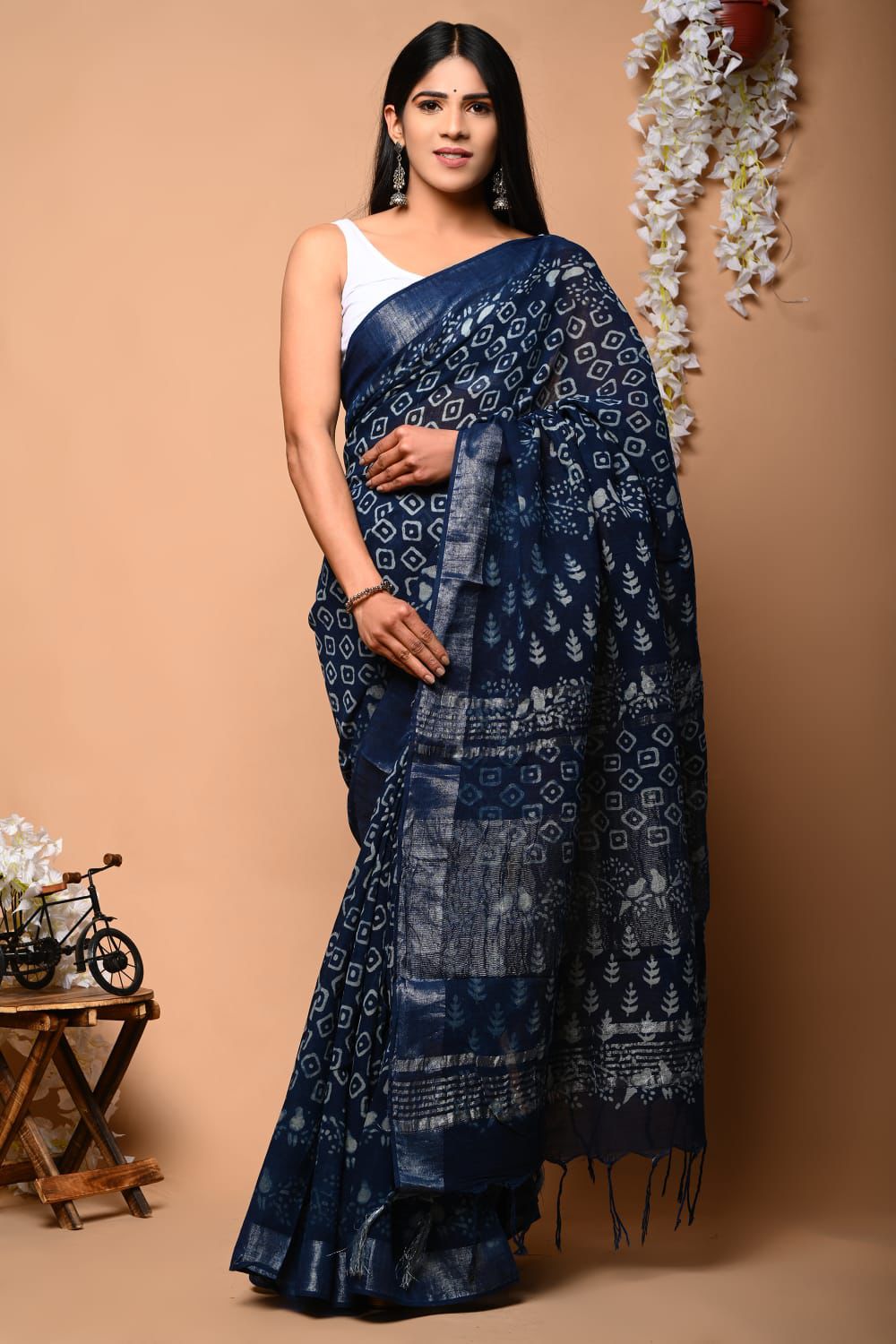 Hand Block Printed Linen Saree With Unstitched Blouse (SWSRLIL48)