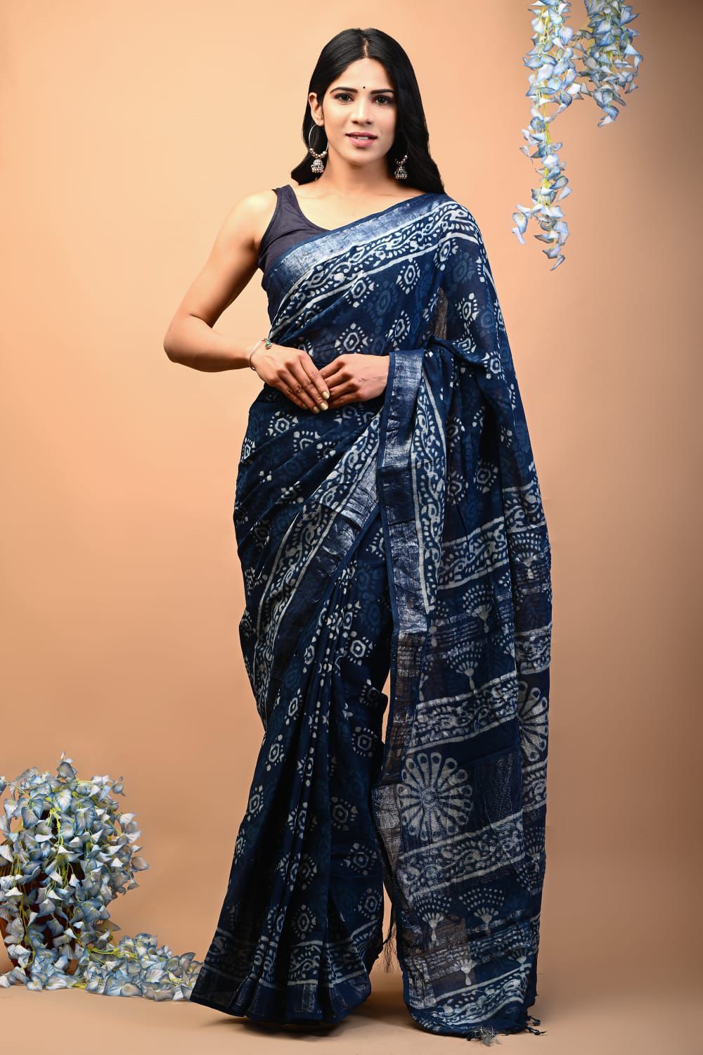 Hand Block Printed Linen Saree With Unstitched Blouse (SWSRLIL52)