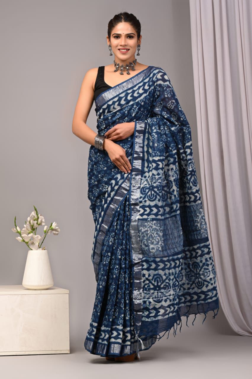 Hand Block Printed Linen Saree With Unstitched Blouse (SWSRLIL56)