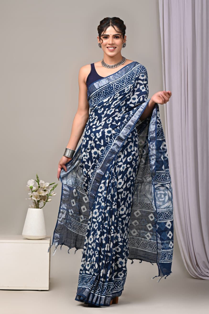 Hand Block Printed Linen Saree With Unstitched Blouse (SWSRLIL69)