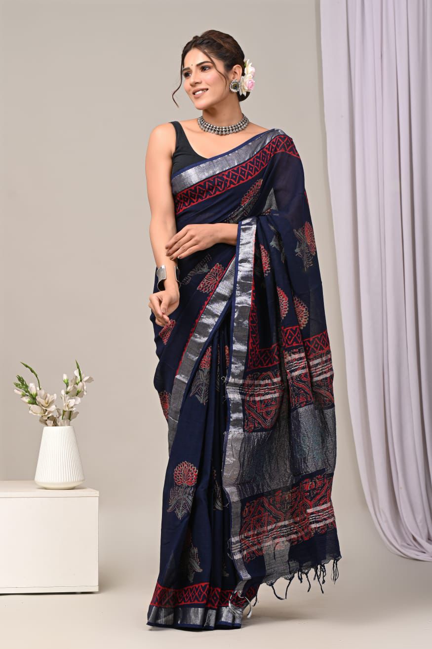 Hand Block Printed Linen Saree With Unstitched Blouse (SWSRLIL79)
