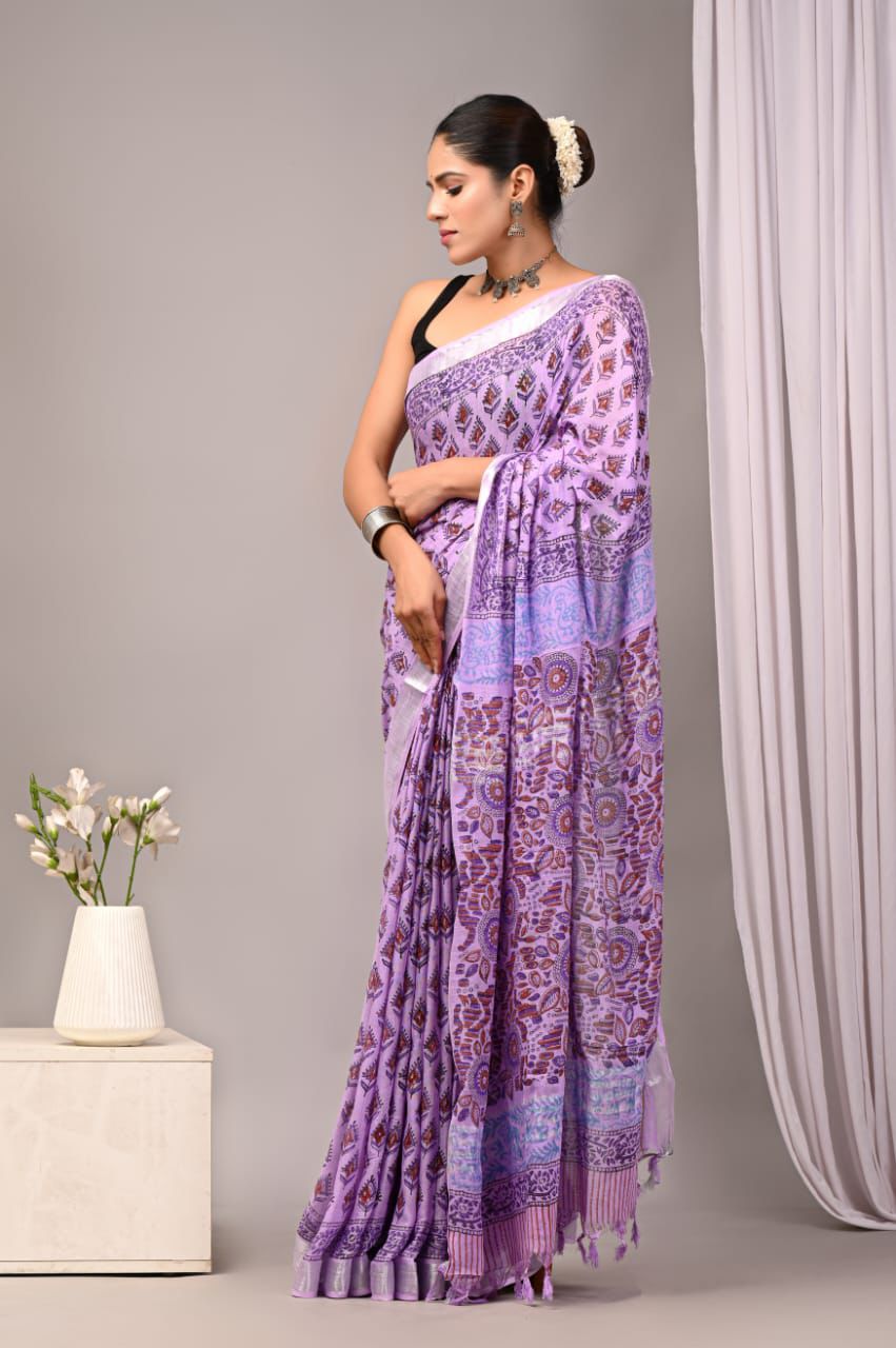 Hand Block Printed Linen Saree With Unstitched Blouse (SWSRLIL85)