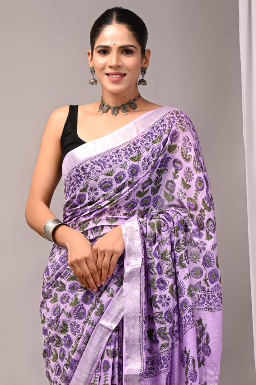 Hand Block Printed Linen Saree With Unstitched Blouse (SWSRLIL89)