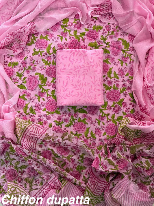 Premium Hand Block Print Cotton Suit Set with Chiffon Dupatta(WACFCOTMU49)