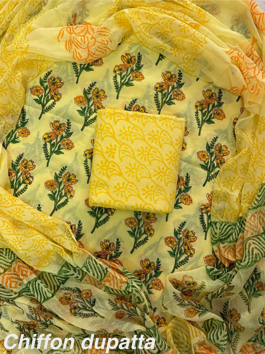 Premium Hand Block Print Cotton Suit Set with Chiffon Dupatta(WACFCOTMU17)