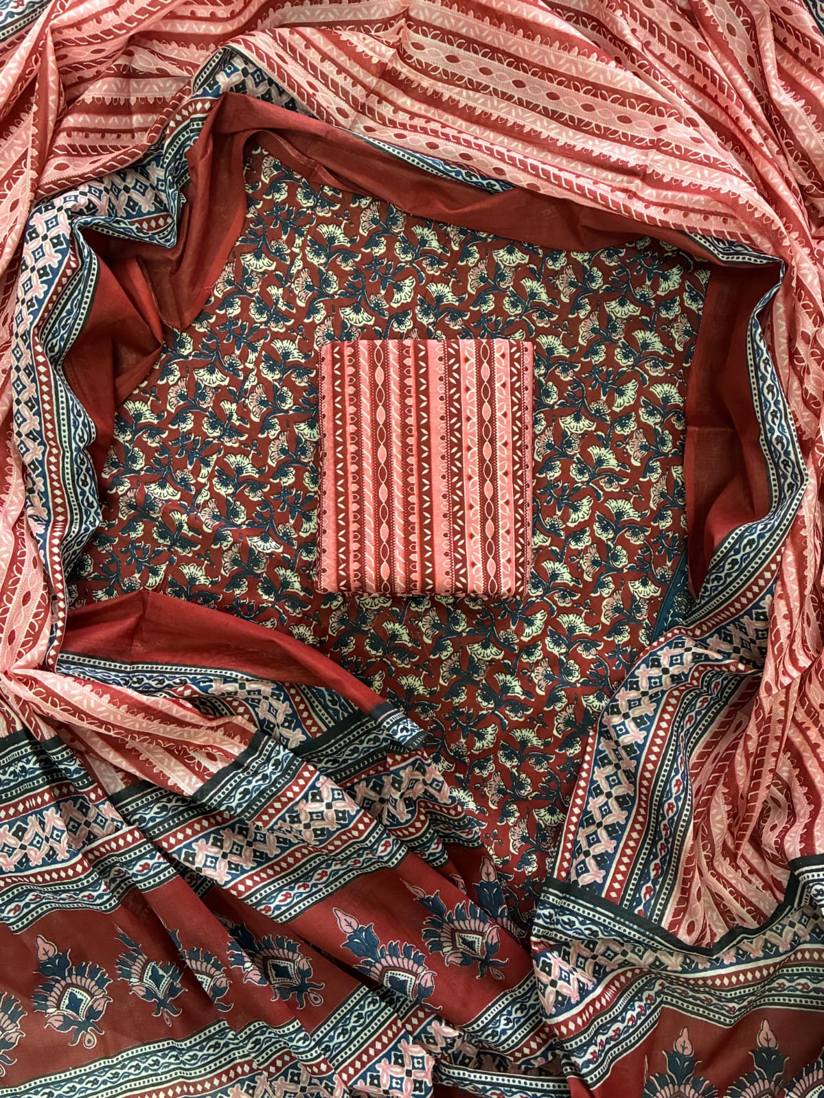 ELEGANT HAND BLOCK PRINT COTTON SUIT SET WITH MULMUL DUPATTA(WACOTMU28)