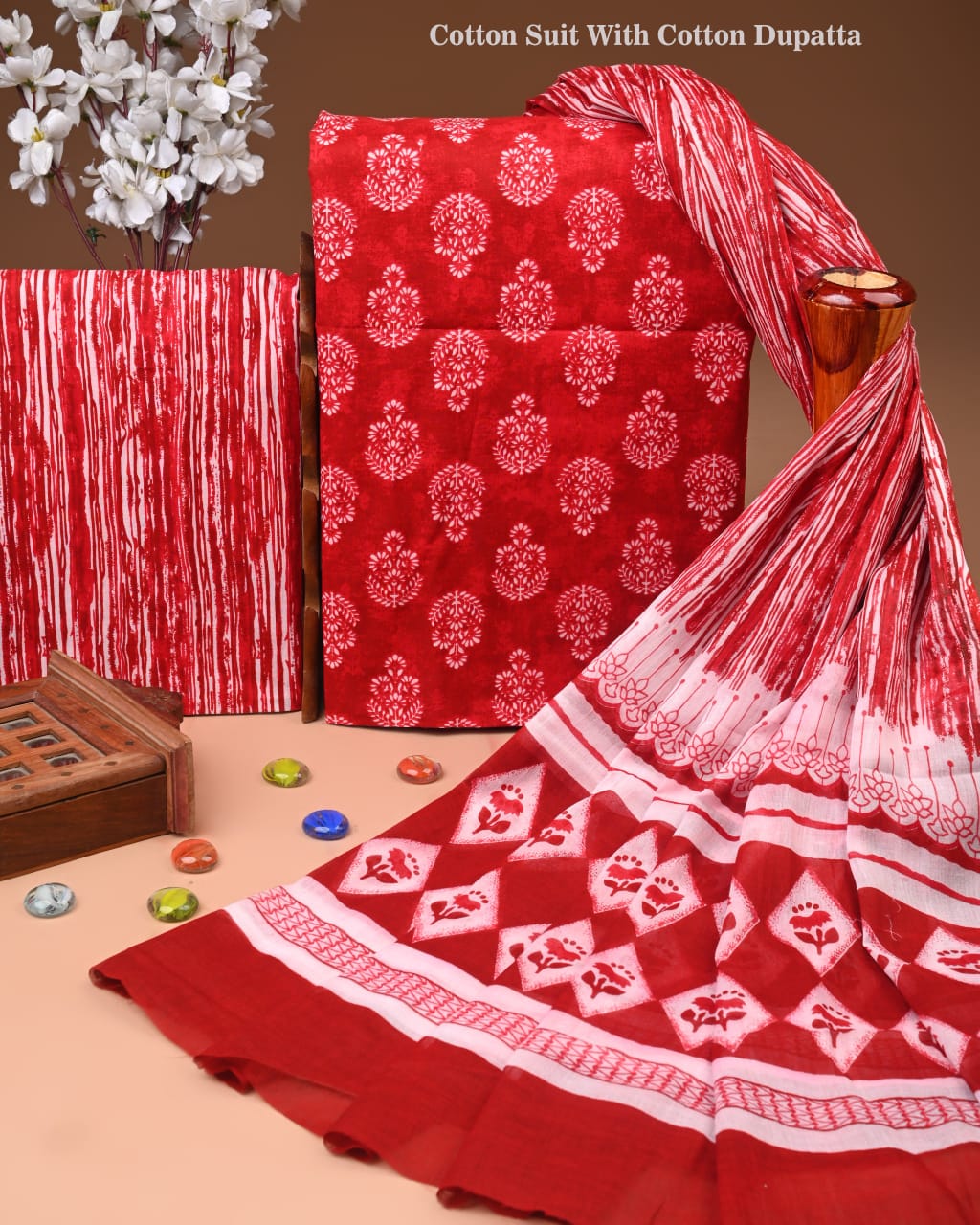ELEGANT HAND BLOCK PRINT COTTON SUIT SET WITH MULMUL DUPATTA(WACOTMU97)