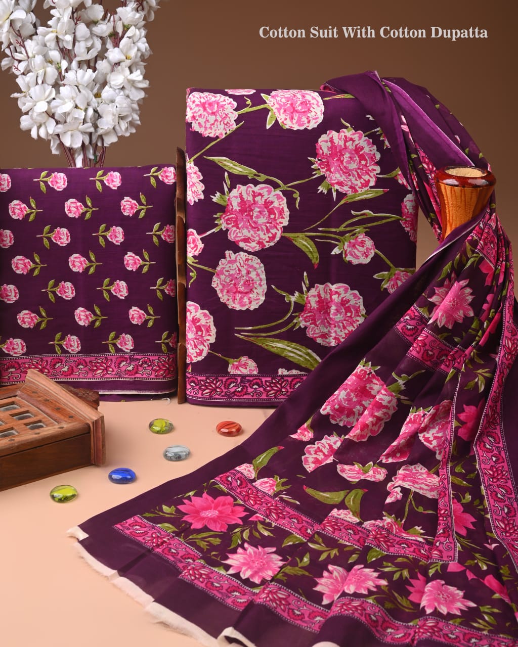 Designer Hand Block Print Cotton Suit Set with Mulmul Dupatta(WACOTMU111)