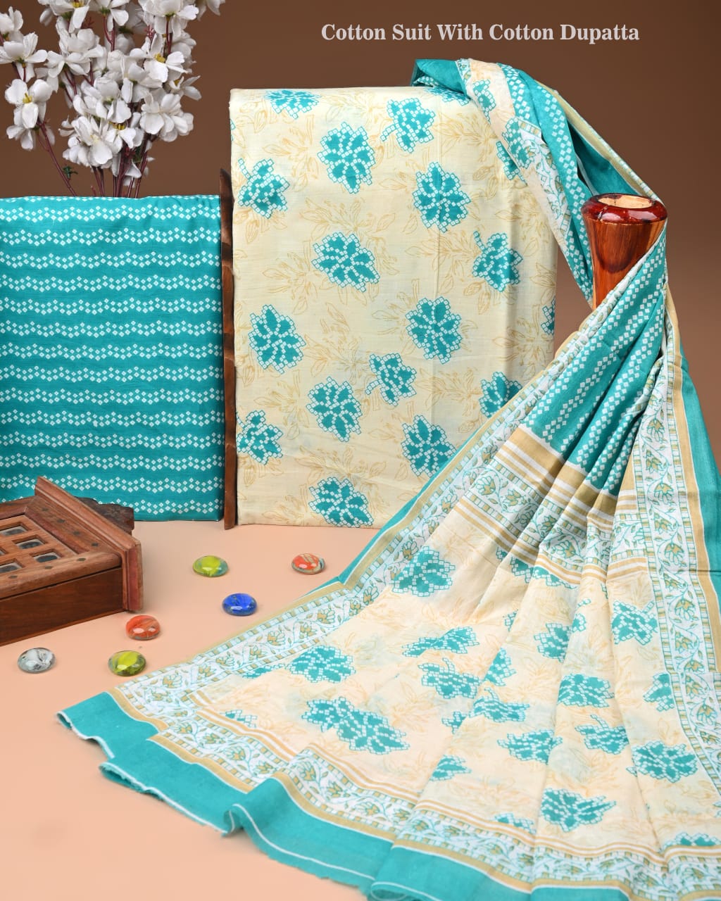Designer Hand Block Print Cotton Suit Set with Mulmul Dupatta(WACOTMU110)