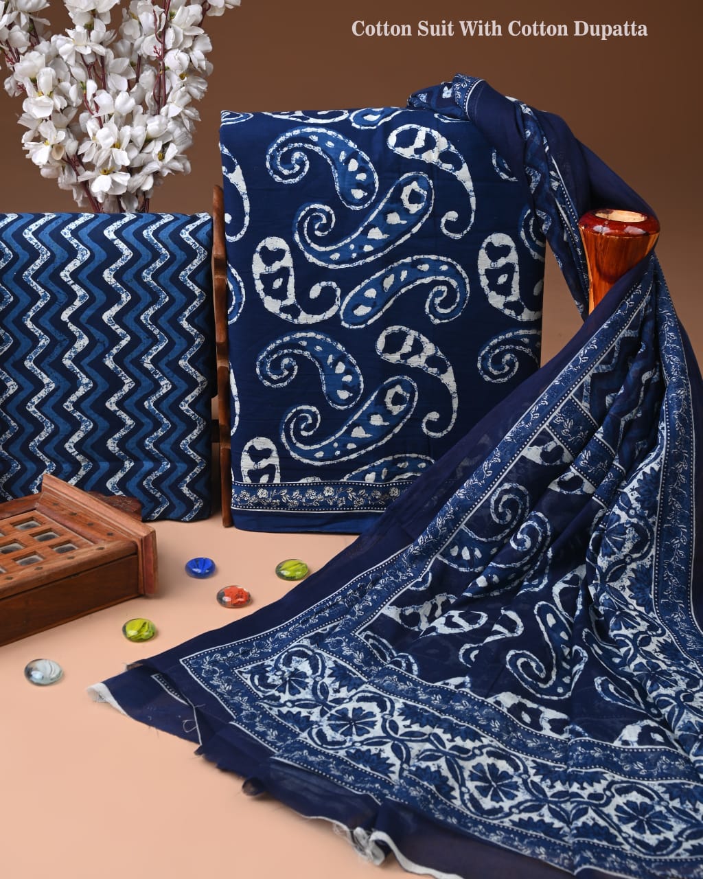 Designer Hand Block Print Cotton Suit Set with Mulmul Dupatta(WACOTMU115)