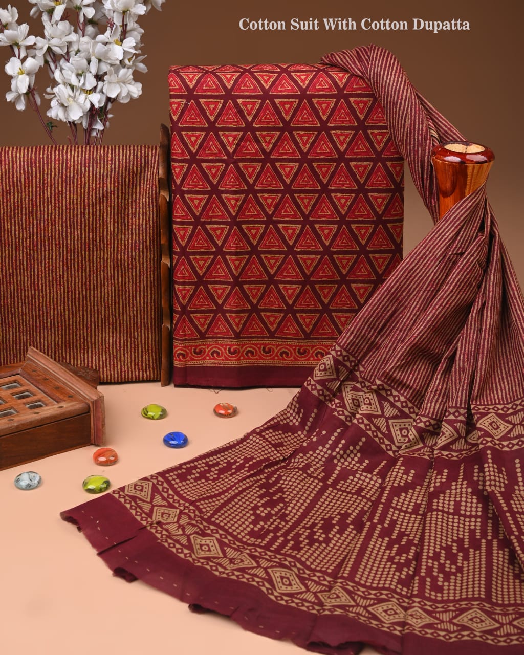 Designer Hand Block Print Cotton Suit Set with Mulmul Dupatta(WACOTMU123)