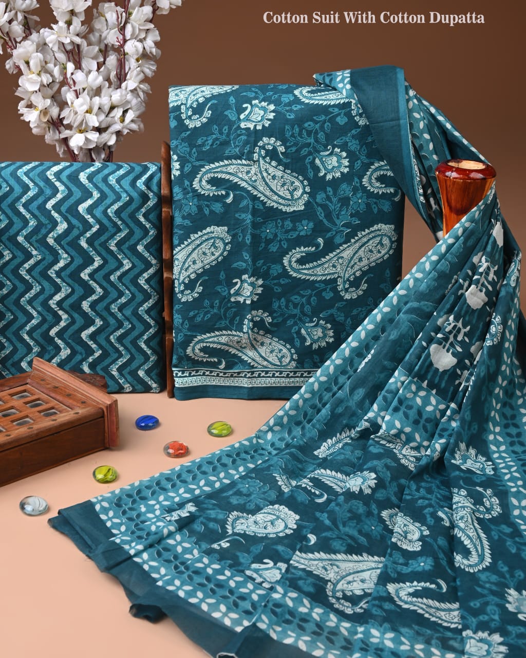 Designer Hand Block Print Cotton Suit Set with Mulmul Dupatta(WACOTMU124)