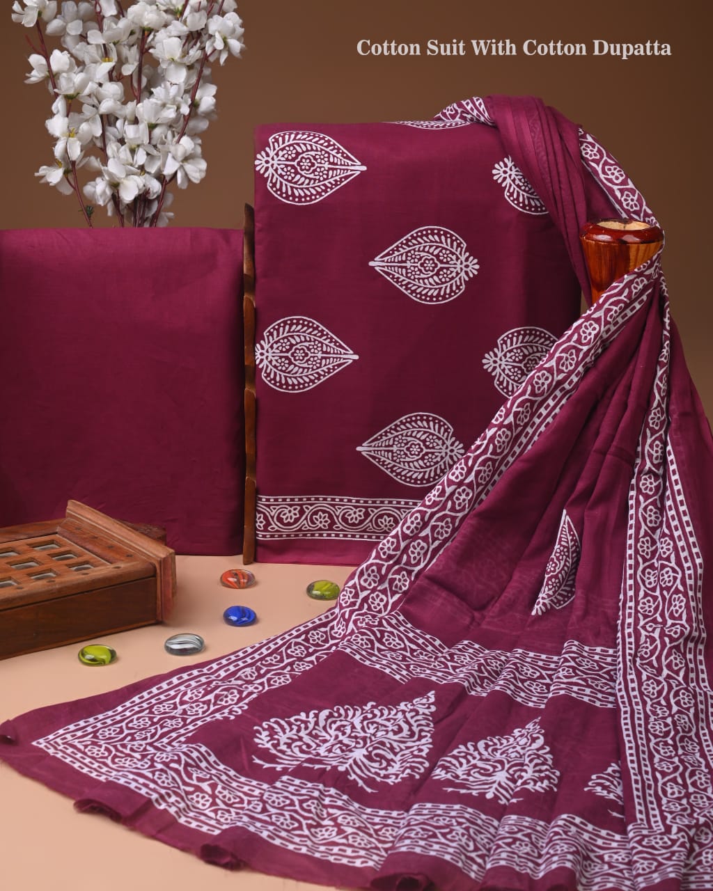 Designer Hand Block Print Cotton Suit Set with Mulmul Dupatta(WACOTMU128)