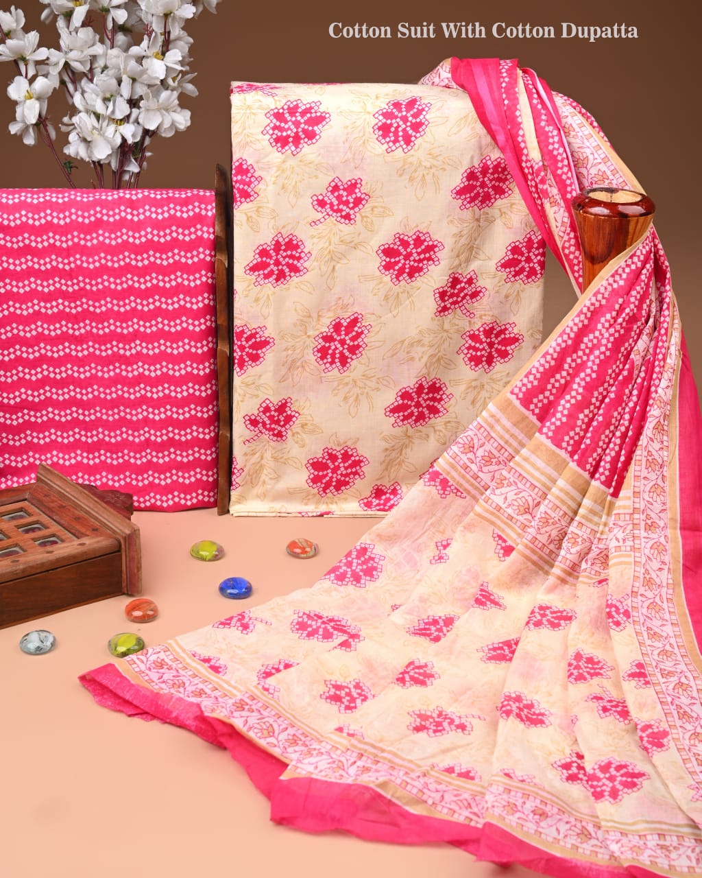 Designer Hand Block Print Cotton Suit Set with Mulmul Dupatta(WACOTMU129)