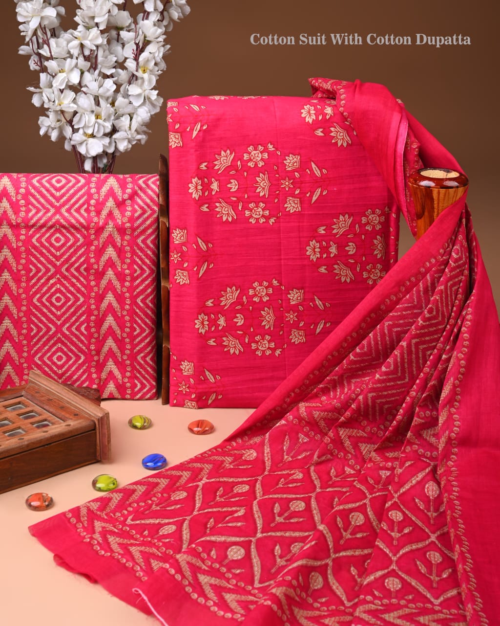 Designer Hand Block Print Cotton Suit Set with Mulmul Dupatta(WACOTMU137)
