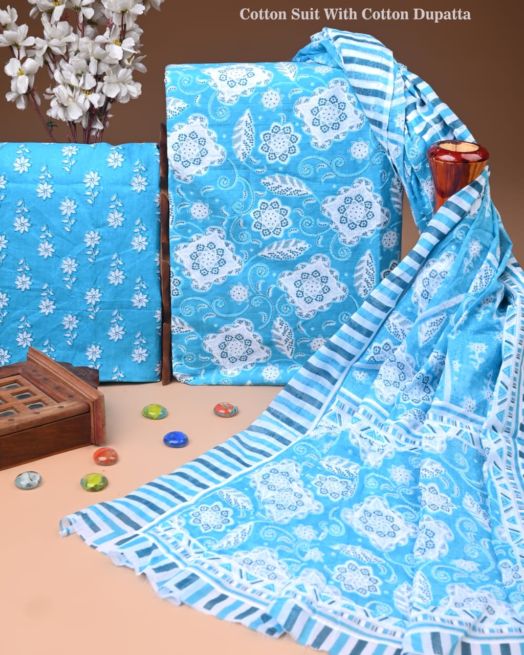 Designer Hand Block Print Cotton Suit Set with Mulmul Dupatta(WACOTMU138)