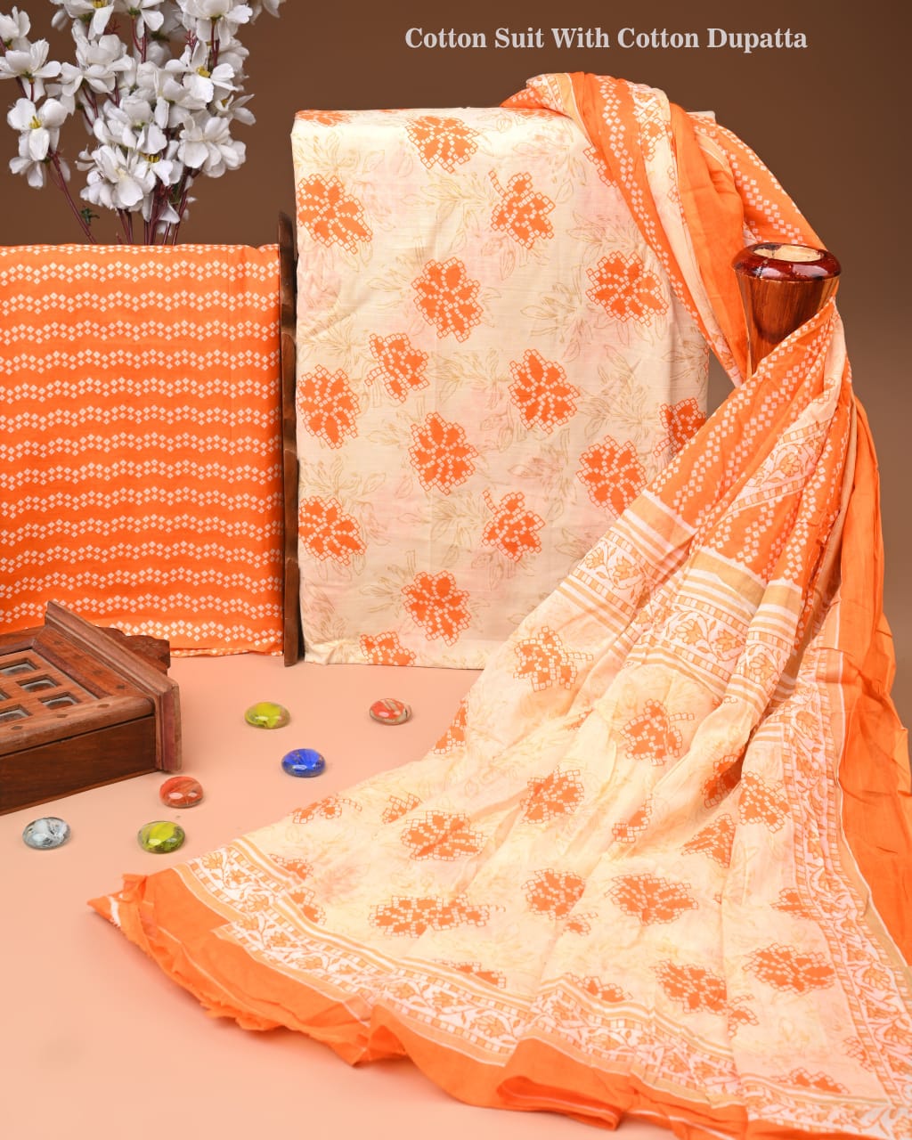 Designer Hand Block Print Cotton Suit Set with Mulmul Dupatta(WACOTMU142)