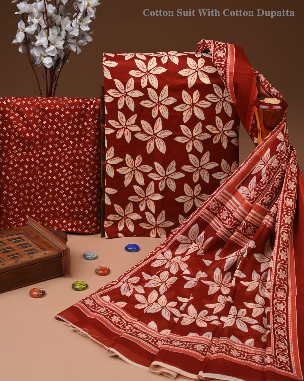 Designer Hand Block Print Cotton Suit Set with Mulmul Dupatta(WACOTMU155)