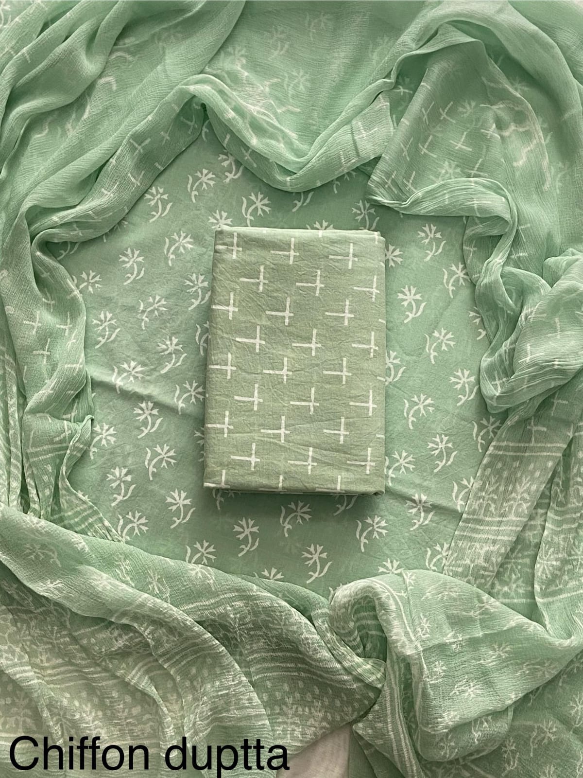 New Premium Hand Block Print Cotton Suit Set with Chiffon Dupatta(WACFCOTMU55)