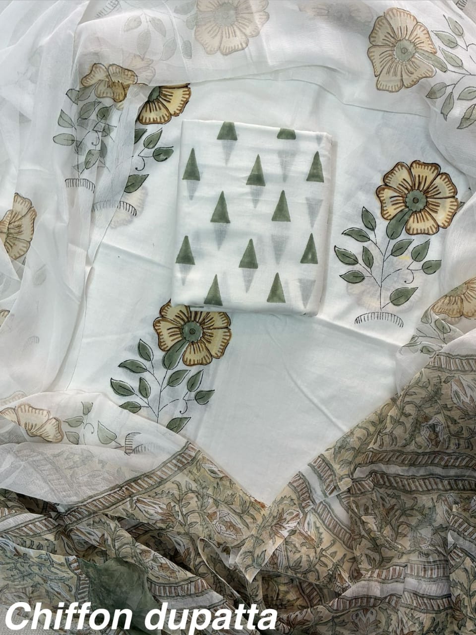 New Premium Hand Block Print Cotton Suit Set with Chiffon Dupatta(WACFCOTMU51)