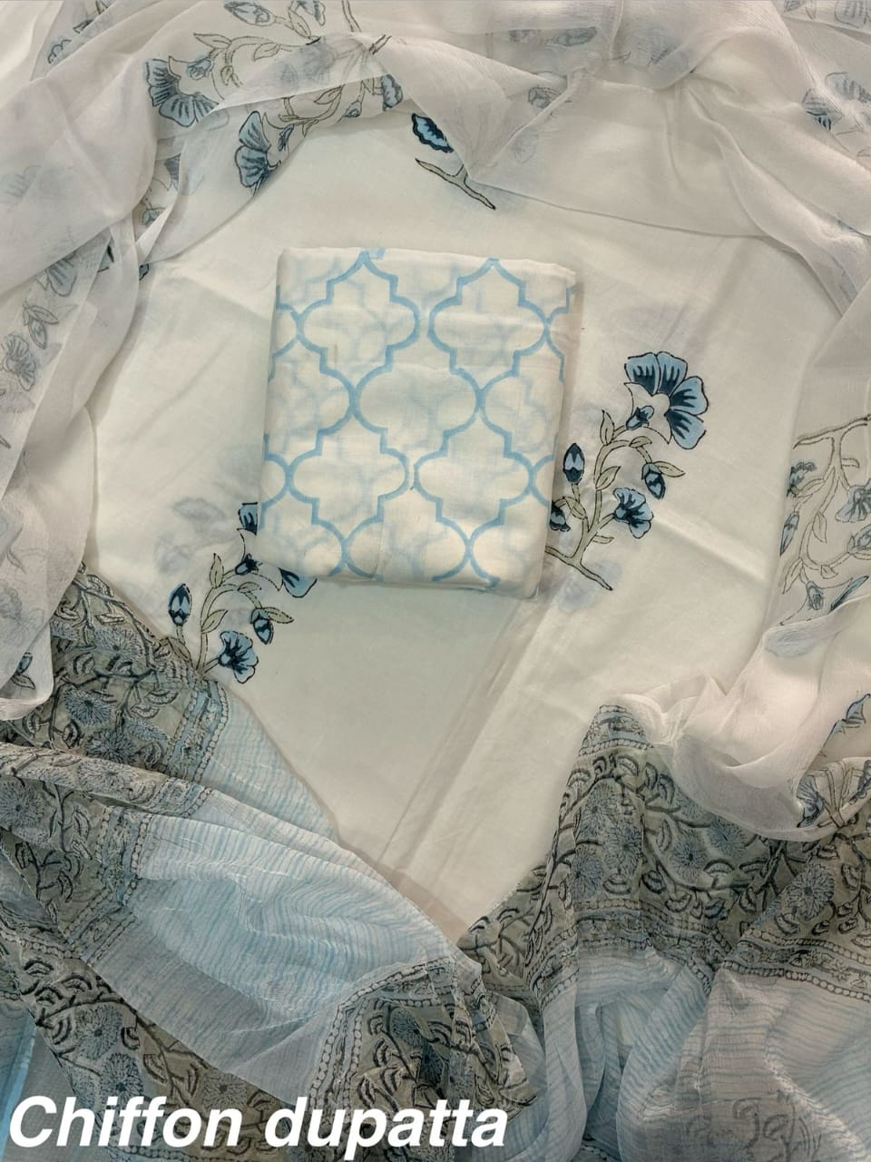 JAAL HAND BLOCK PRINT COTTON SUIT SET WITH CHIFFON DUPATTA(WACFCOTMU41)