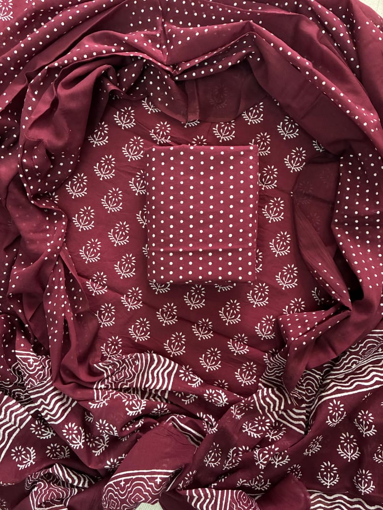 ELEGANT HAND BLOCK PRINT COTTON SUIT SET WITH MULMUL DUPATTA(WACOTMU06)