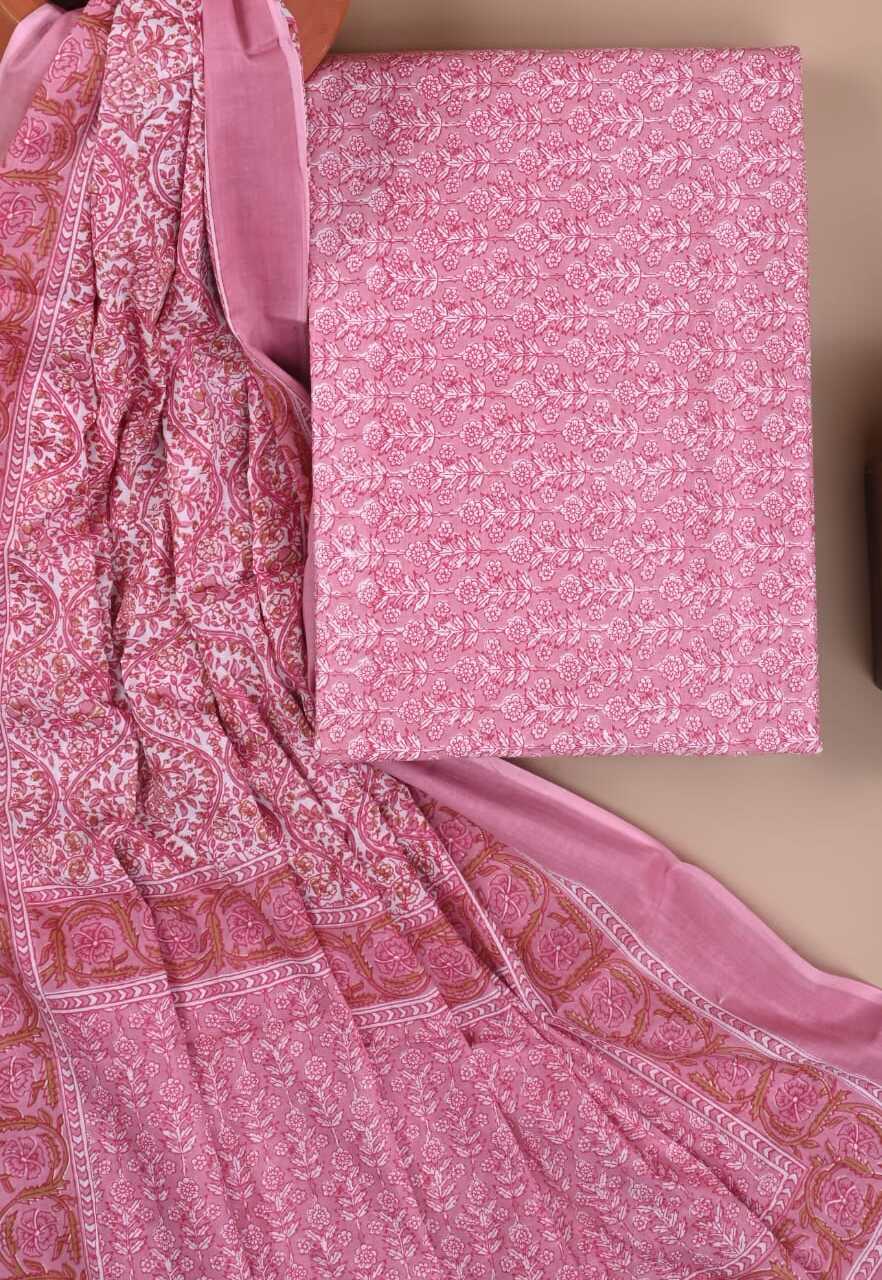 Hand block printed cotton suit with cotton dupatta