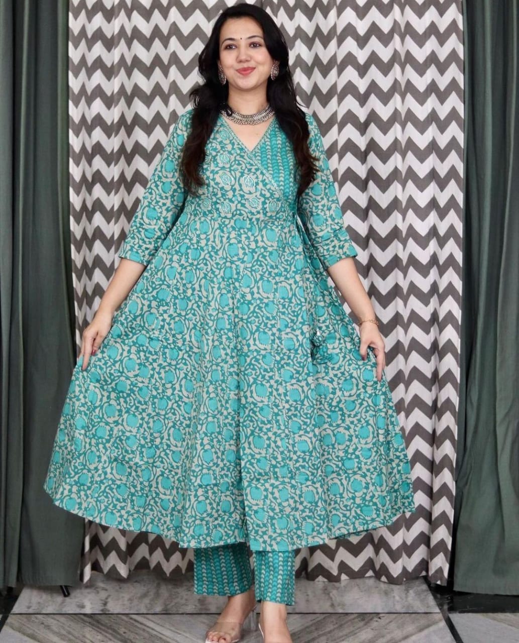 _New Angrakha kurta set with new style in saganeri block print_(SWRD27)