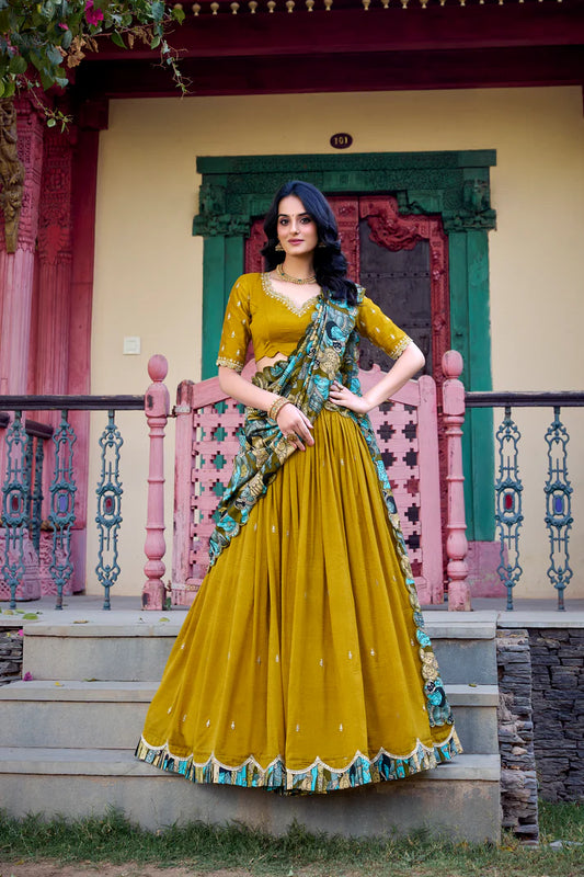 VICHITRA SILK THREAD EMBROIDERED AND KALAMKARI PRINTED LEHENGA CHOLI WITH DUPATTA(WD76) (03)