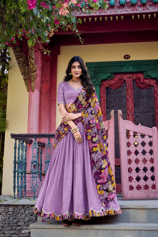 VICHITRA SILK THREAD EMBROIDERED AND KALAMKARI PRINTED LEHENGA CHOLI WITH DUPATTA(WD76) (02)