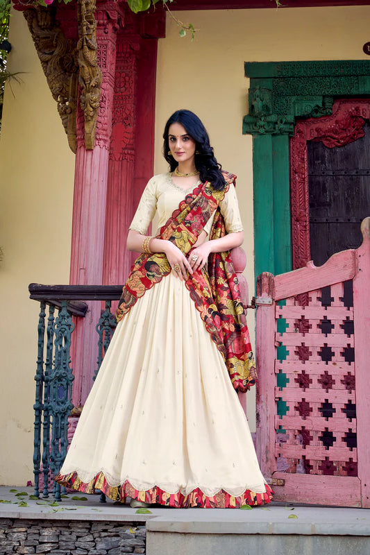 VICHITRA SILK THREAD EMBROIDERED AND KALAMKARI PRINTED LEHENGA CHOLI WITH DUPATTA(WD76) (01)