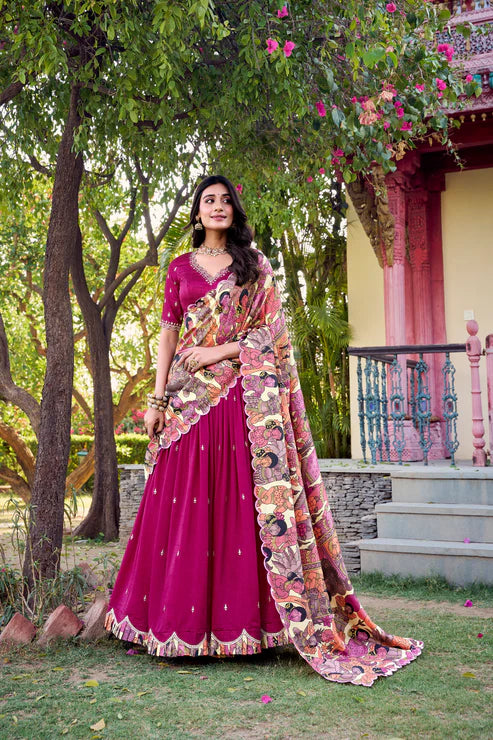 VICHITRA SILK THREAD EMBROIDERED AND KALAMKARI PRINTED LEHENGA CHOLI WITH DUPATTA(WD76)