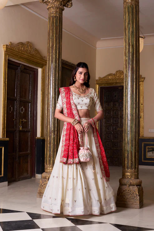 VICHITRA SILK EMBROIDERED LEHENGA CHOLI WITH BADHEJ PRINT DUPATTA(WD74)