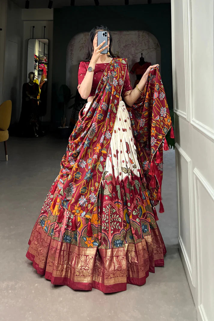 FESTIVAL SPECIAL TUSSAR SILK KALAMKARI PRINT LEHENGA CHOLI(WD145)