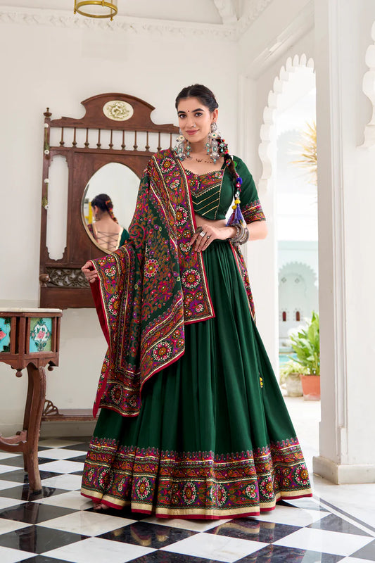 NAVRATRI SPECIAL TUSSAR SILK GAMTHI PRINT LEHENGA CHOLI WITH DUPATTA(WD190)