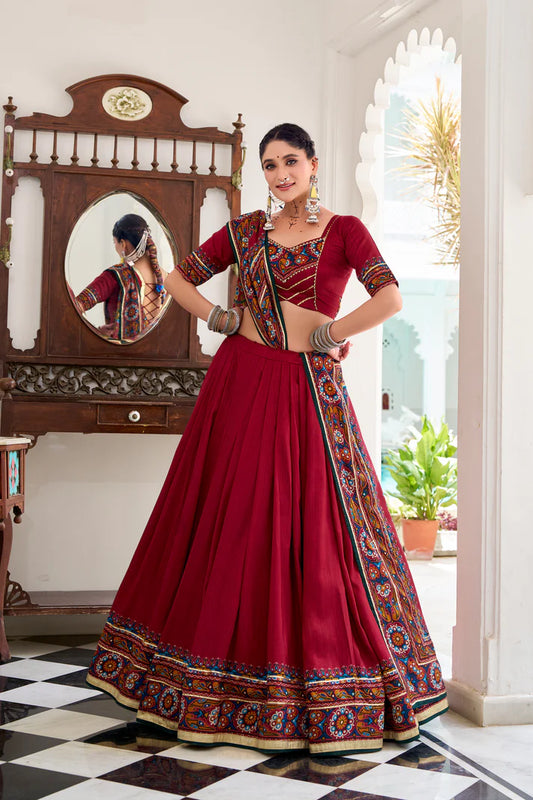 NAVRATRI SPECIAL TUSSAR SILK GAMTHI PRINT LEHENGA CHOLI WITH DUPATTA(WD190) (02)