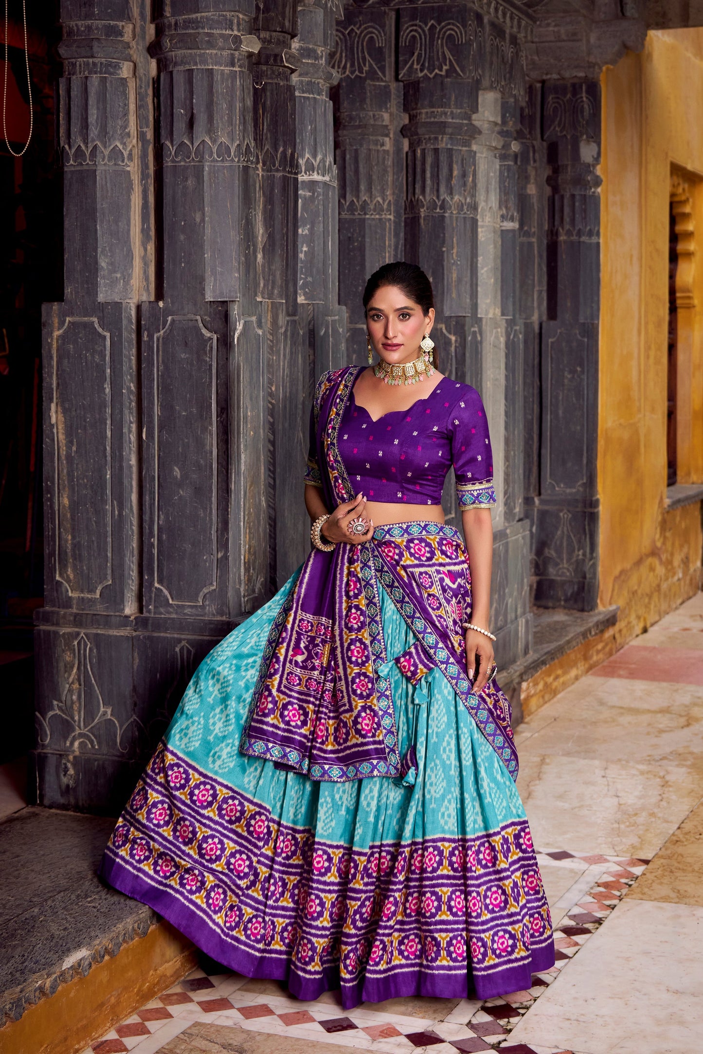 FESTIVAL SPECIAL TUSSAR SILK IKKAT PRINT LEHENGA CHOLI WITH DUPATTA (WDN133) 03