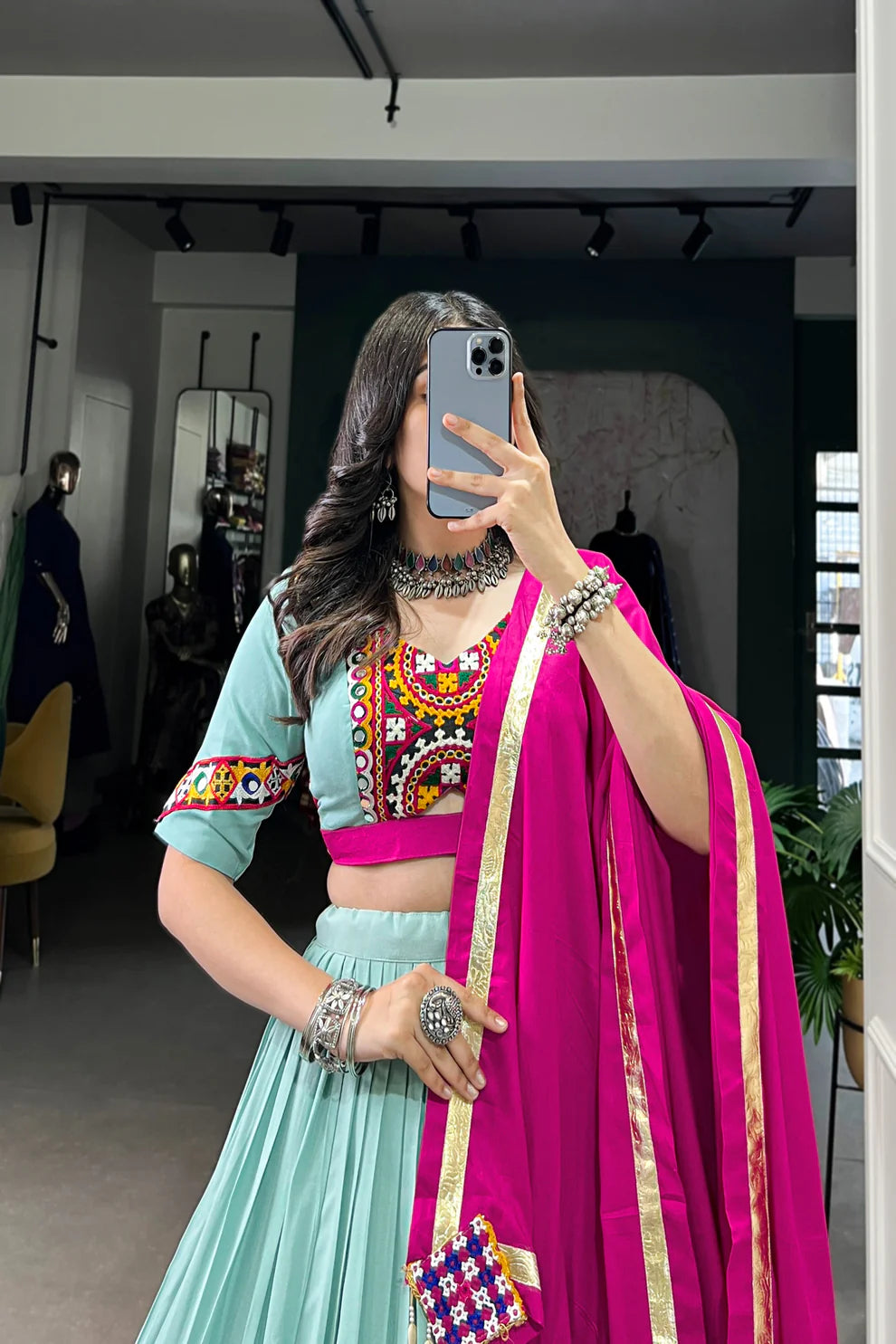 NAVRATRI SPECIAL GAMTHI WORK PURE RAYON LEHENGA CHOLI WITH DUPATTA(WD174)