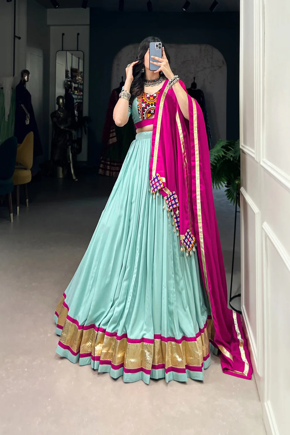 NAVRATRI SPECIAL GAMTHI WORK PURE RAYON LEHENGA CHOLI WITH DUPATTA(WD174)