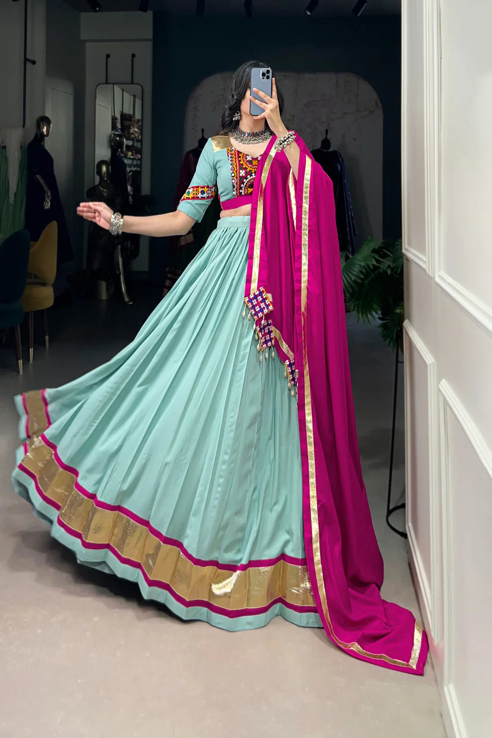 NAVRATRI SPECIAL GAMTHI WORK PURE RAYON LEHENGA CHOLI WITH DUPATTA(WD174)