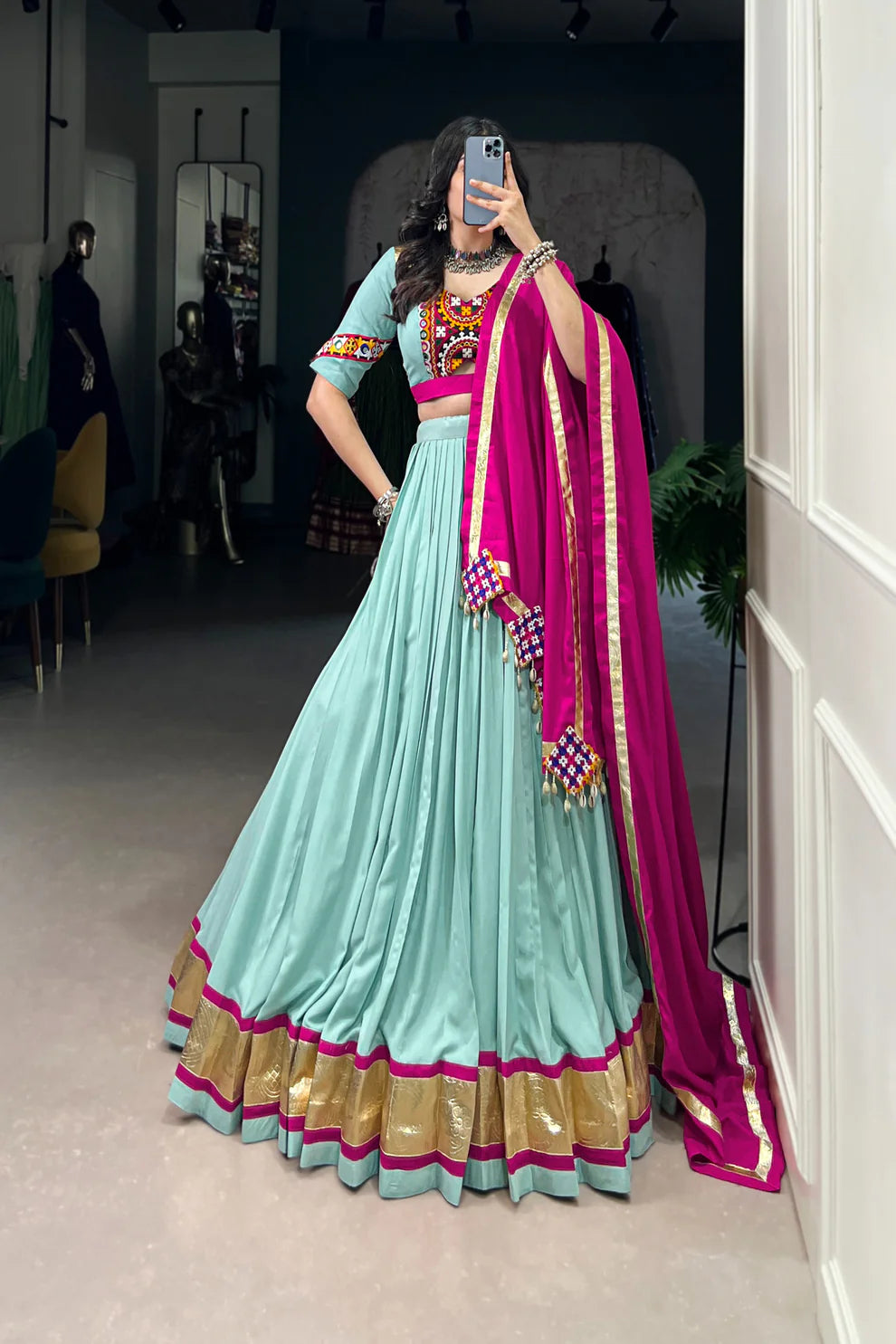 NAVRATRI SPECIAL GAMTHI WORK PURE RAYON LEHENGA CHOLI WITH DUPATTA(WD174)