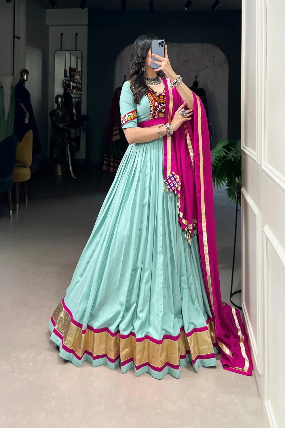 NAVRATRI SPECIAL GAMTHI WORK PURE RAYON LEHENGA CHOLI WITH DUPATTA(WD174)