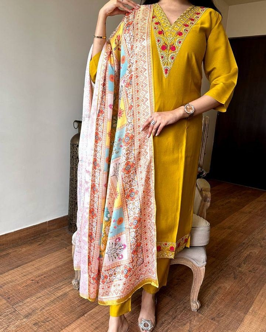Kurta with hand with Embroidery work detailing on women's printed cotton kurta pant or dupatta set(NFRD461)