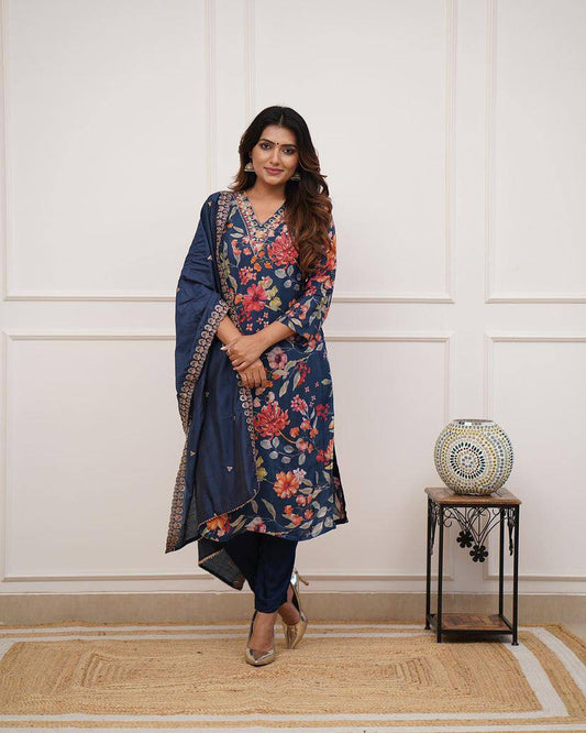Kurta with hand with Embroidery work detailing on women's printed cotton kurta pant or dupatta set(NFRD469) (01)
