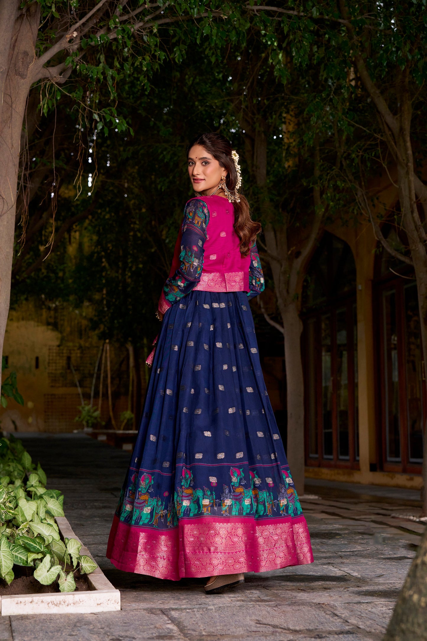 KALAMKARI PRINTED POLY COTTON ZARI WEAVING GOWN WITH KOTI (WDN78) 01